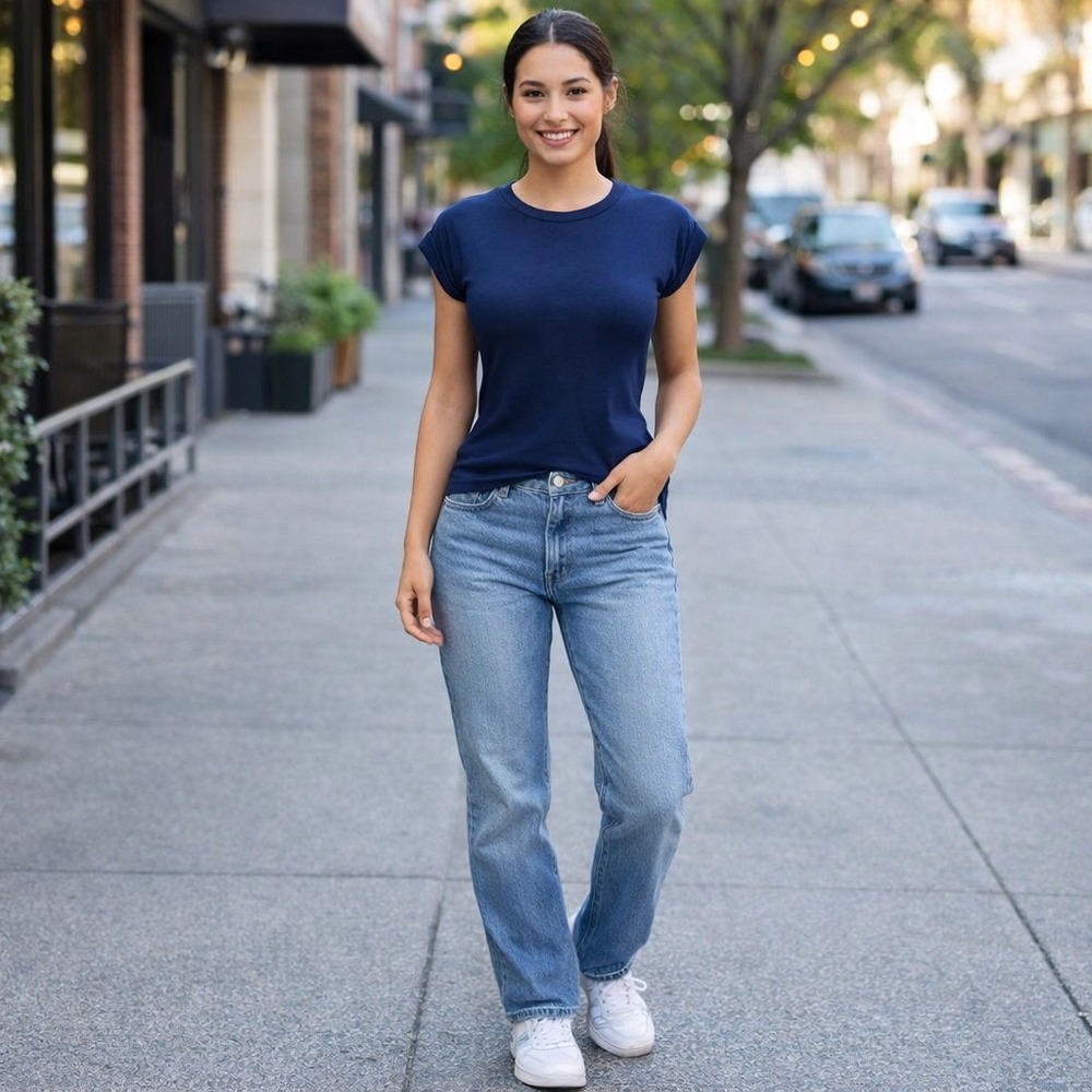 LaQuan Smith Navy Fitted Tee Minimalist Luxury Capsule Designer Basic Top SZ S